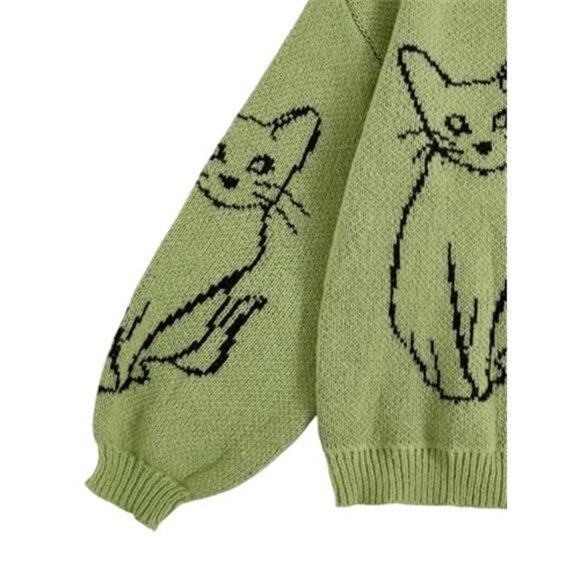 MEOW! ADORABLE Cat Print Black CATS Green Novelty Pullover Sweater NWT Size L - Picture 2 of 7